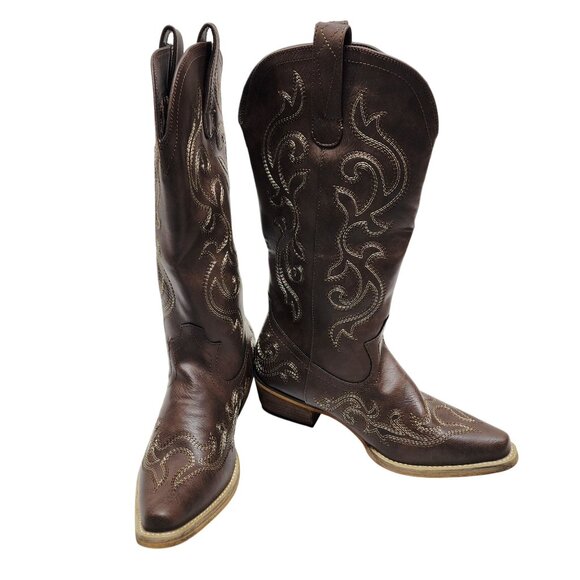 Western Cowboy Brown Leather Boots Womens 7.5 Rollda Embroidered Stacked Heel - Picture 3 of 12